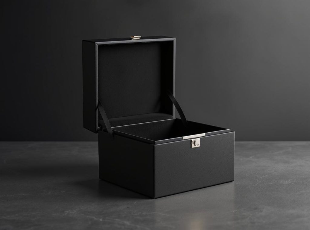 Two-piece rigid box with separated lid and base showing luxury packaging design