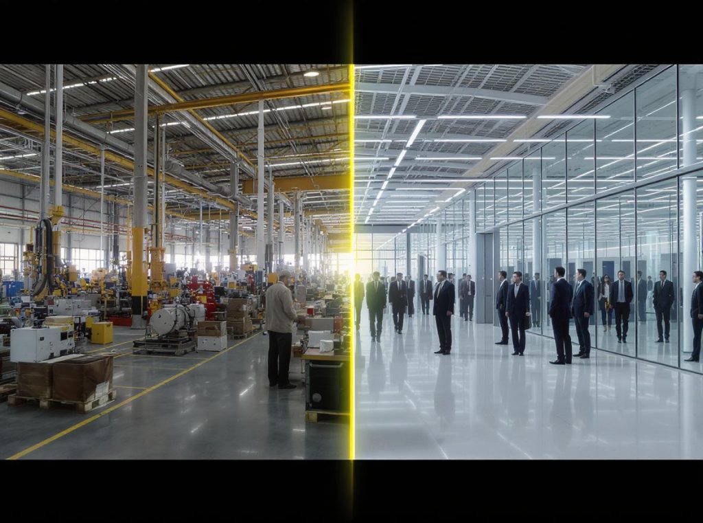 Factory vs trading company comparison showing manufacturing facility and corporate office