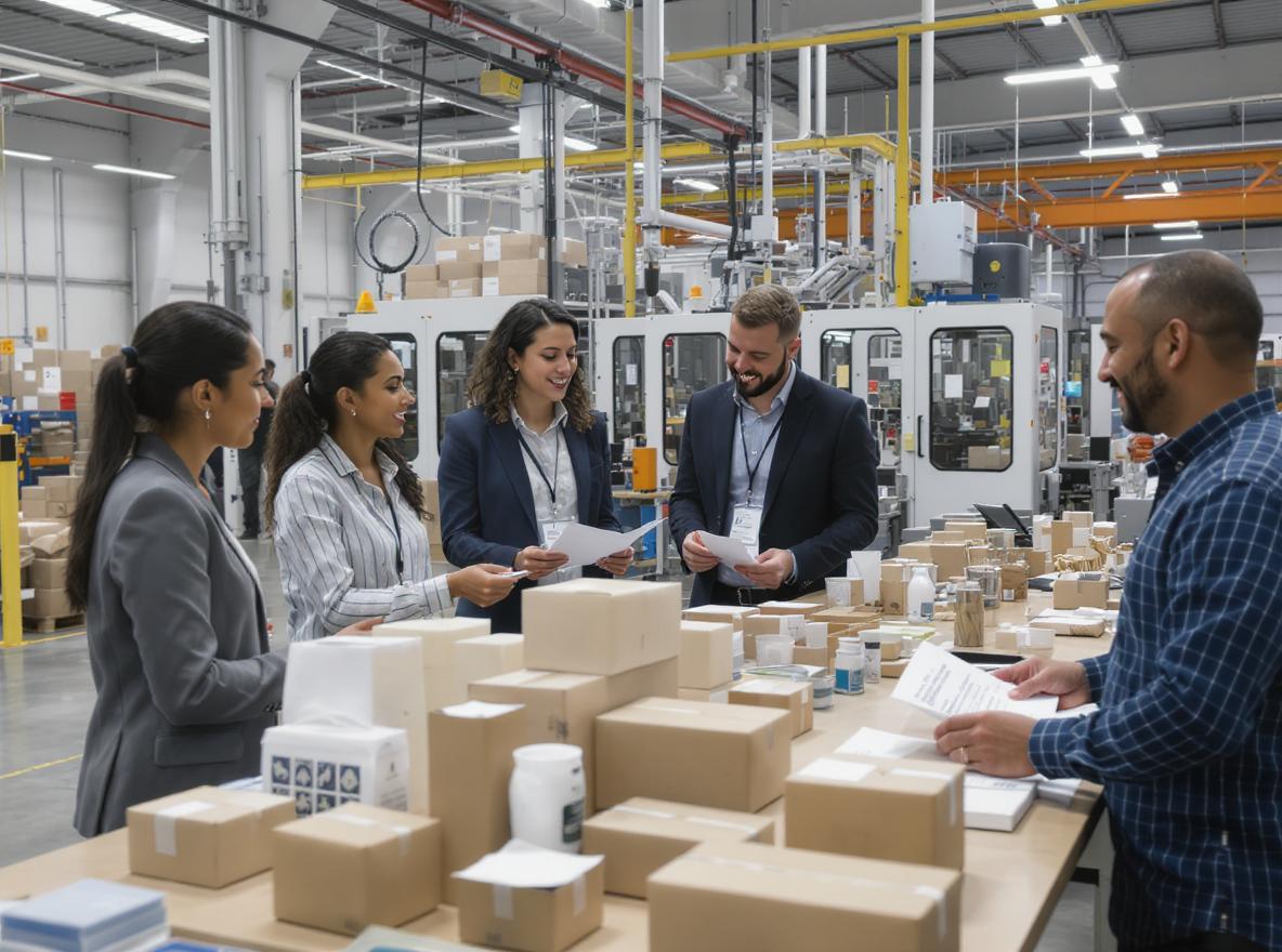 International buyers meeting with Chinese packaging manufacturers reviewing custom packaging samples in factory