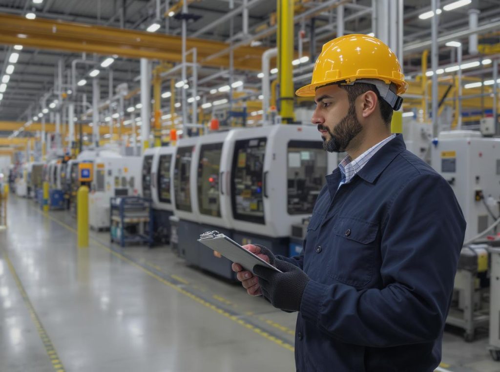 Professional factory manager assessing production capacity with clipboard examining manufacturing equipment and production lines