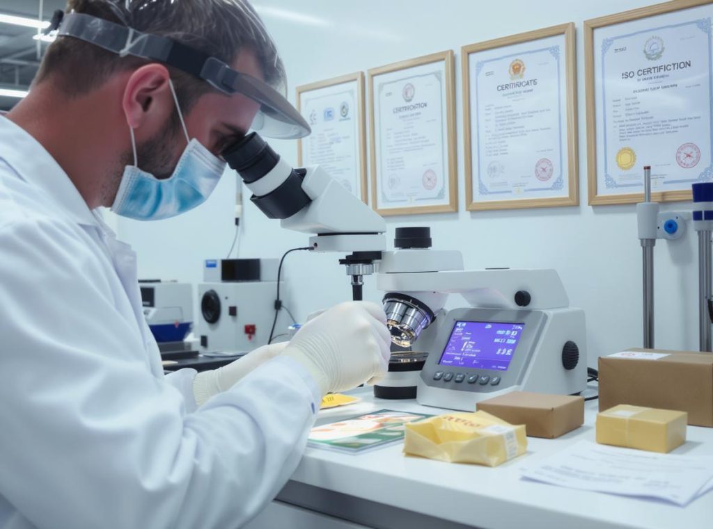 Quality control inspector examining packaging samples with ISO certifications in background