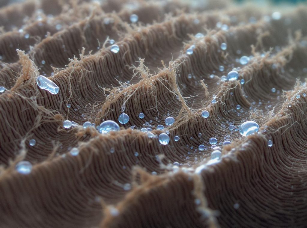 Wood fibers in corrugated cardboard absorbing moisture at microscopic level