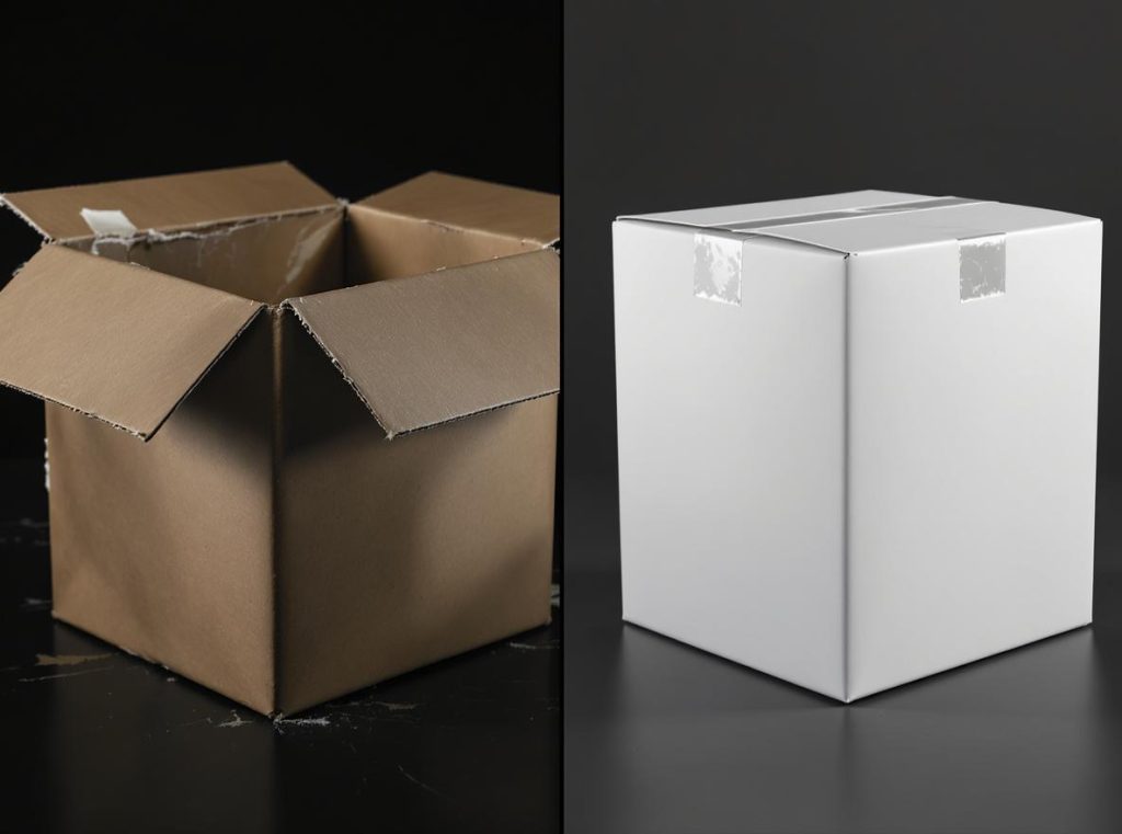 Comparison of poor quality packaging versus premium packaging showing quality evolution