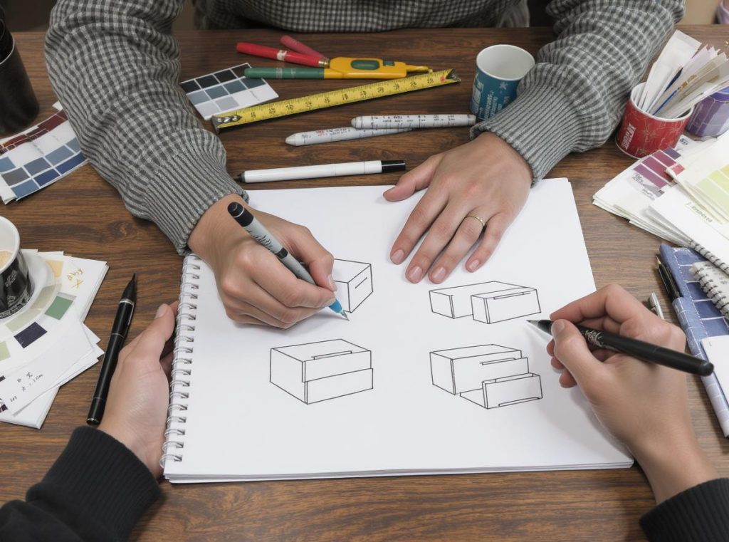 Custom two piece rigid box design planning with measurements and brand materials
