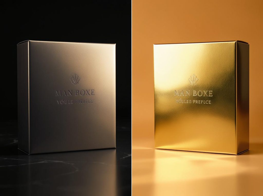 Before and after comparison showing how foil stamping transforms ordinary rigid boxes into luxury packaging