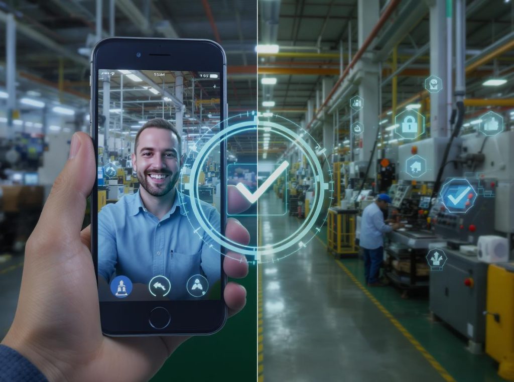 Factory video verification process showing real facility vs digital inspection