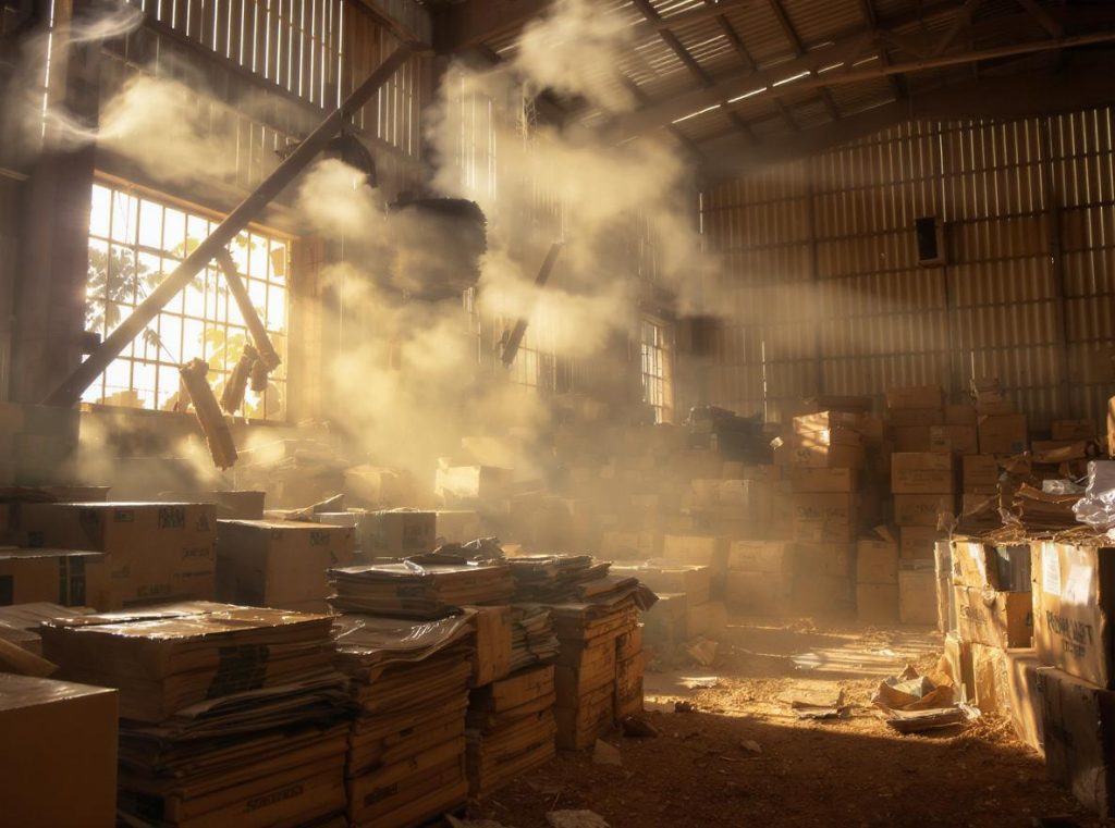 Summer warehouse conditions showing humidity effects on corrugated boxes