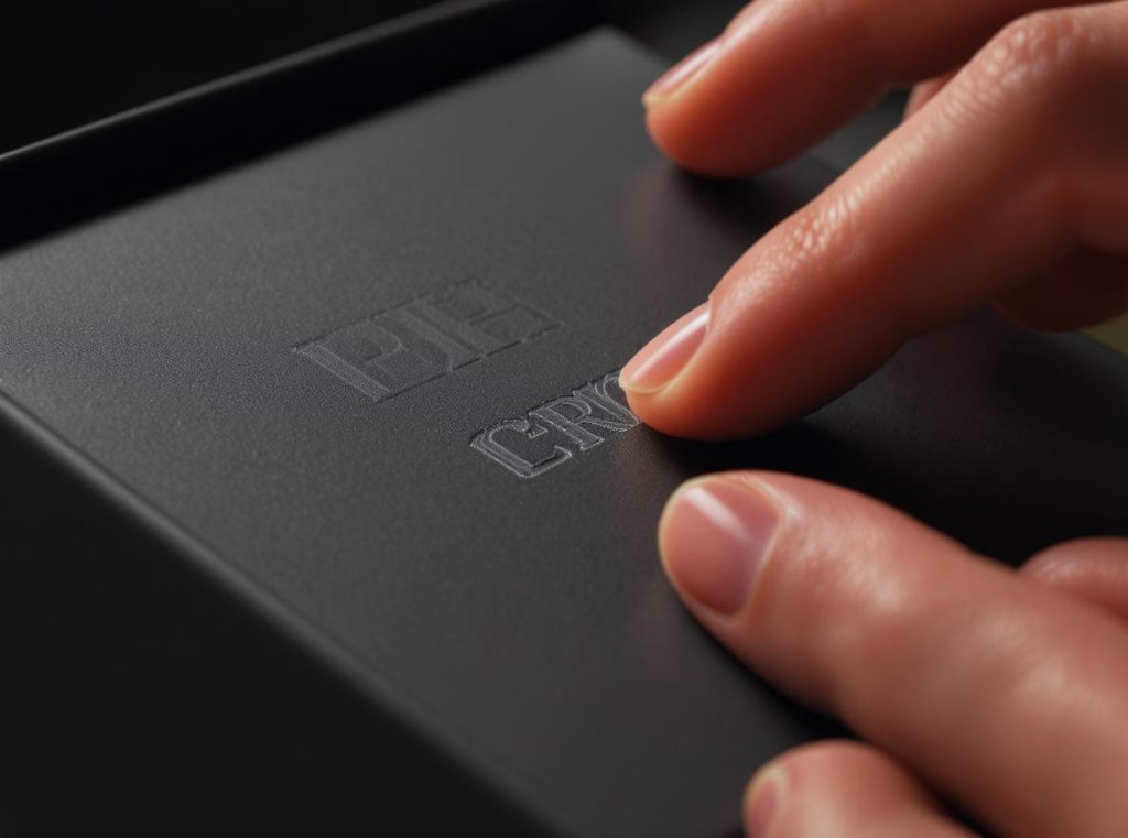 Hands touching embossed logo on luxury rigid box demonstrating tactile printing technique benefits
