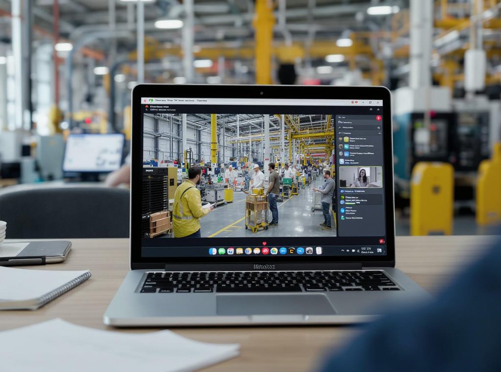Video call factory tour showing manufacturing equipment and production capabilities