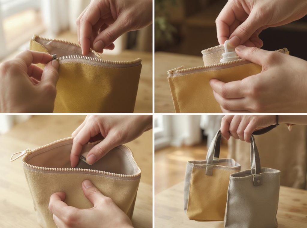 Hands demonstrating various convenience features of stand-up pouches including zippers, spouts, and handles
