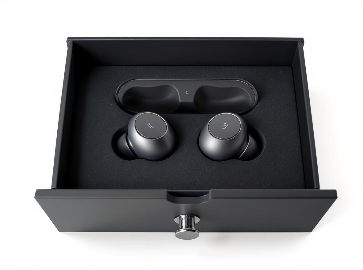 Electronics drawer box displaying wireless earbuds in premium packaging design