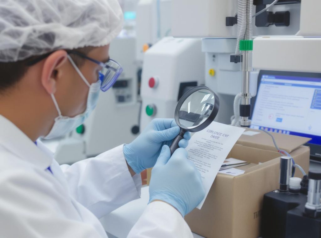 Quality control inspector examining packaging in Chinese manufacturing facility