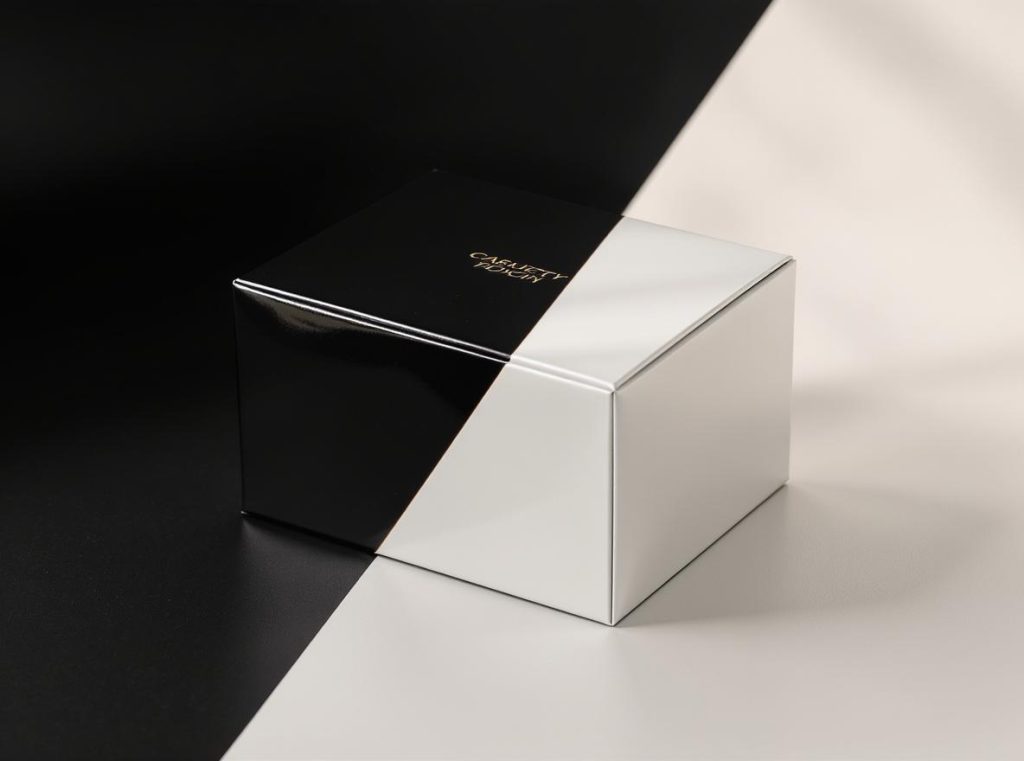 Spot UV coating creating glossy highlights on matte luxury rigid box surface