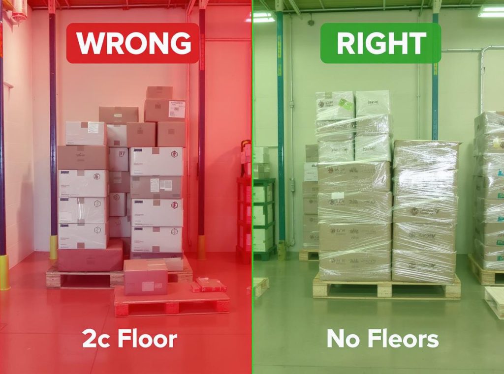 Split comparison showing common corrugated box storage mistakes versus proper storage methods