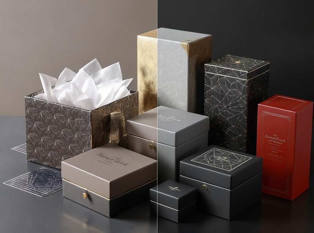 Collection of luxury rigid boxes demonstrating combined printing techniques for maximum visual impact