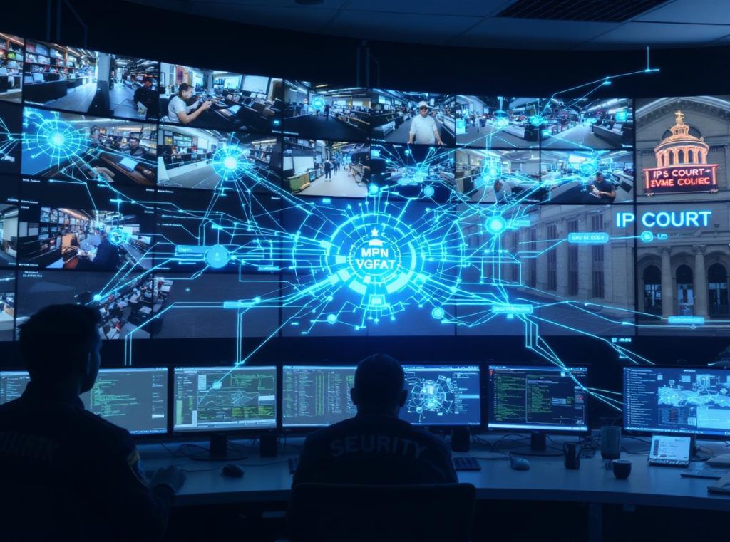 IP monitoring and enforcement measures in China showing surveillance systems, customs inspection, and court enforcement