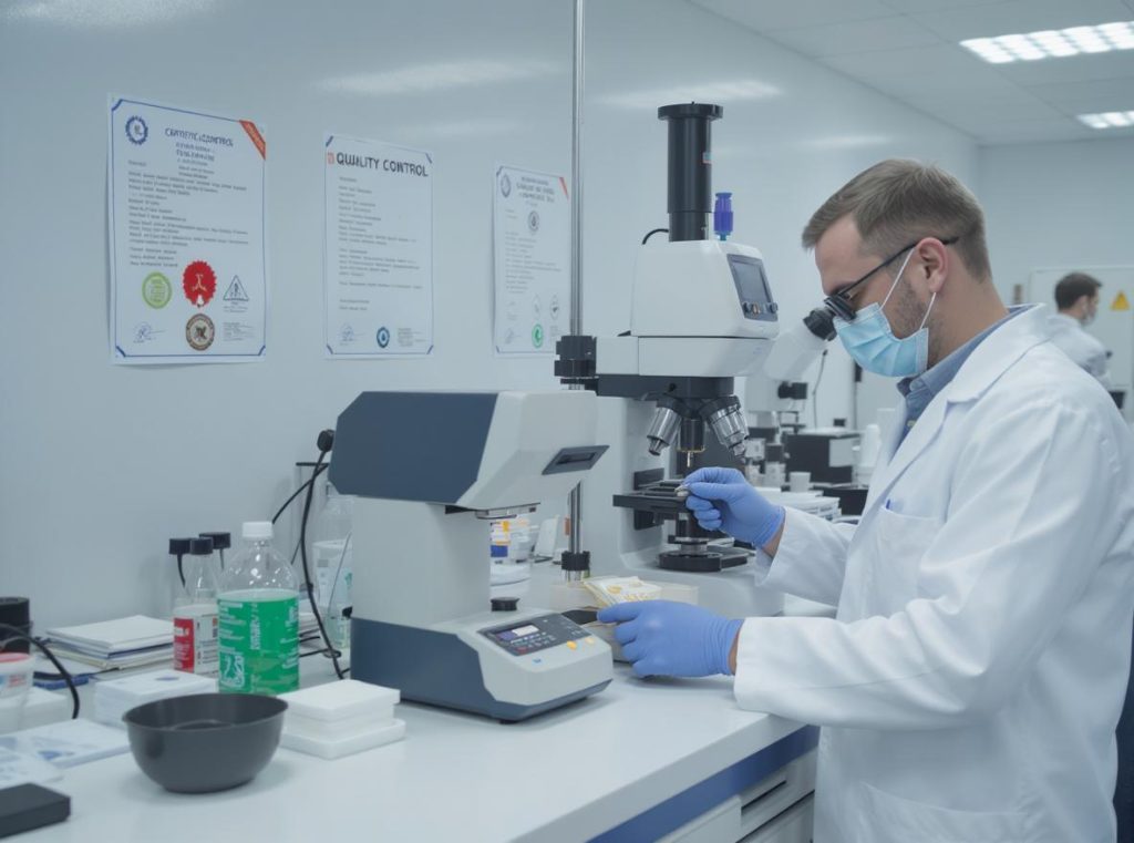 Quality control laboratory with ISO certifications and testing equipment for packaging