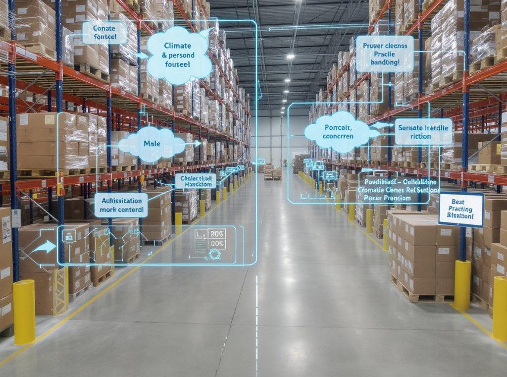 Complete warehouse setup demonstrating all corrugated box storage best practices including climate control and proper stacking
