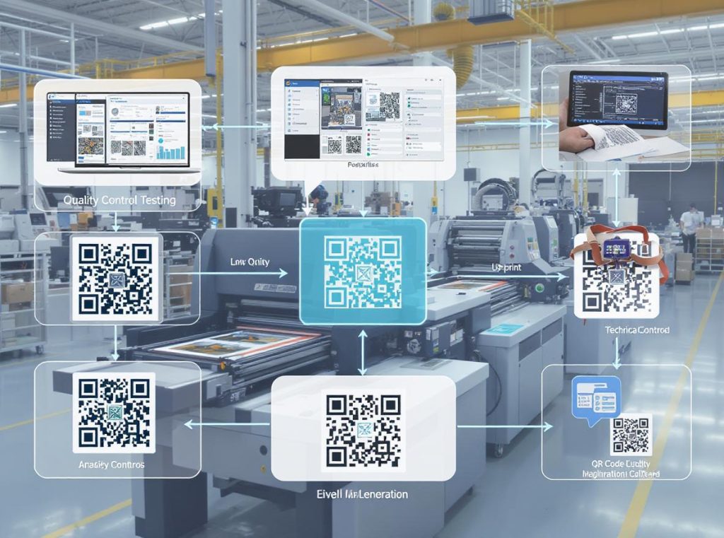 Manufacturing workflow showing QR code integration process and quality control
