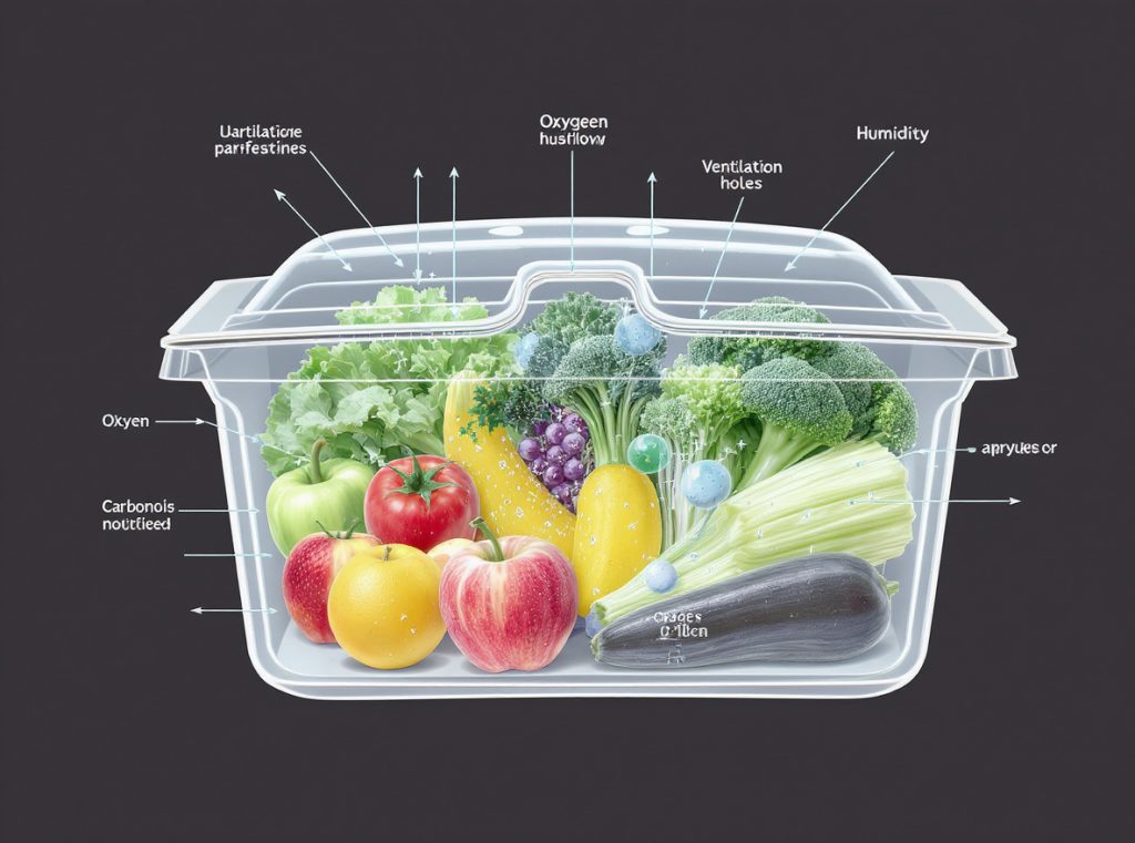 Fresh produce packaging ventilation diagram showing airflow patterns and gas exchange