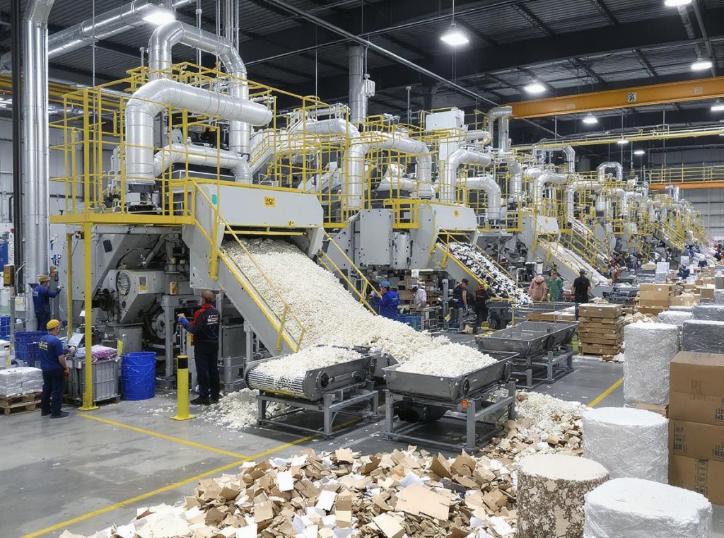 Recycled paper packaging manufacturing facility showing industrial sorting and processing equipment