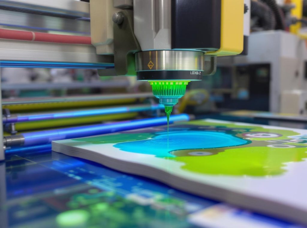 Spot UV printing machinery applying gloss coating to matte packaging material