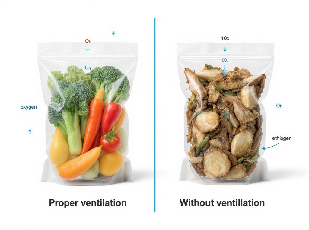 Comparison of fresh produce with and without proper packaging ventilation
