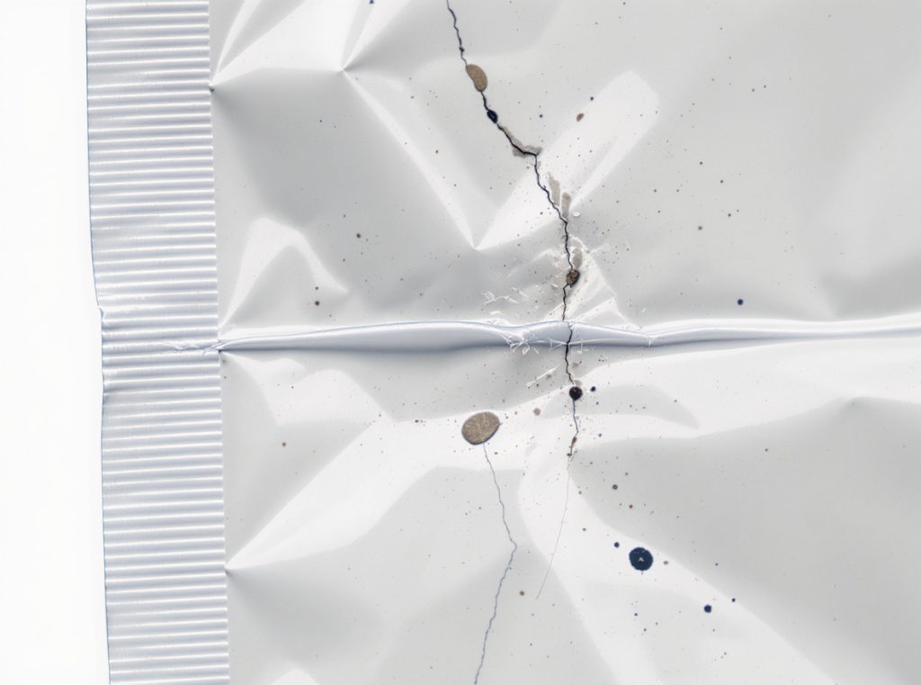 Close-up view showing common flexible pouch seal failure causes including contamination and defects