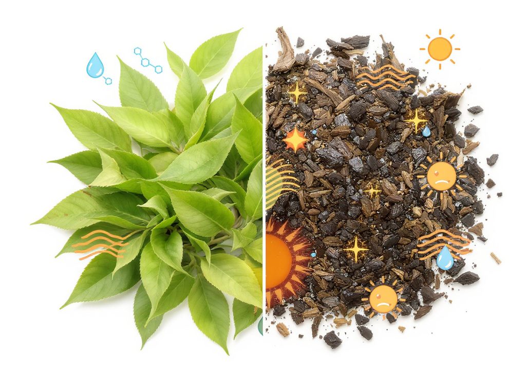 Comparison of fresh tea leaves versus deteriorated tea leaves showing environmental damage