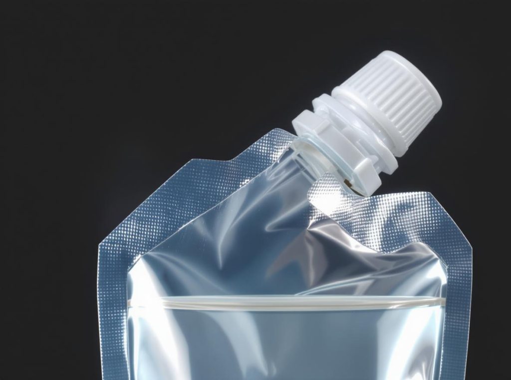 Detailed spout pouch construction showing integrated spout and cap mechanism