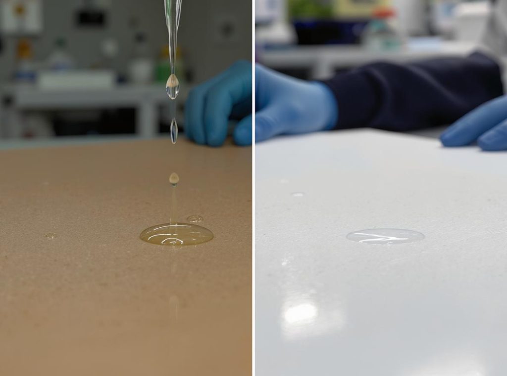 Water resistance test comparing laminated and regular paperboard with water droplets