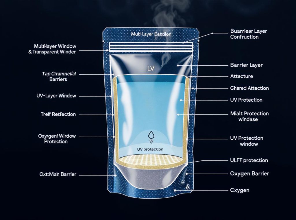Multi-layer barrier construction for windowed stand-up pouches protection
