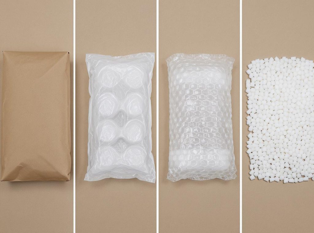 Side-by-side comparison of different void fill materials including paper, air pillows, bubble wrap, and foam