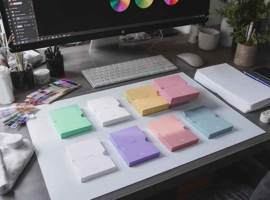 Packaging design workspace showing matte and gloss finish design concepts and mockups