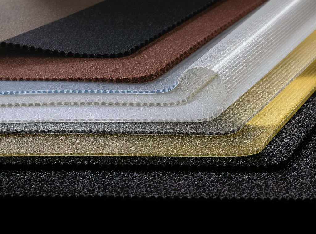 Various flexible packaging materials showing multi-layer structures and polymer combinations