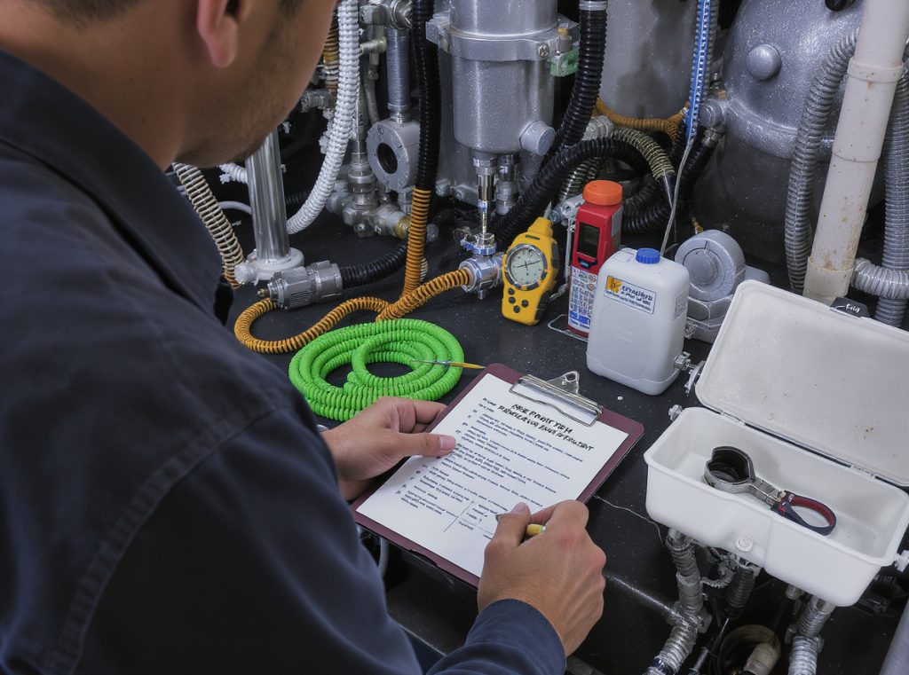 Maintenance technician performing preventive maintenance on flexible pouch sealing equipment