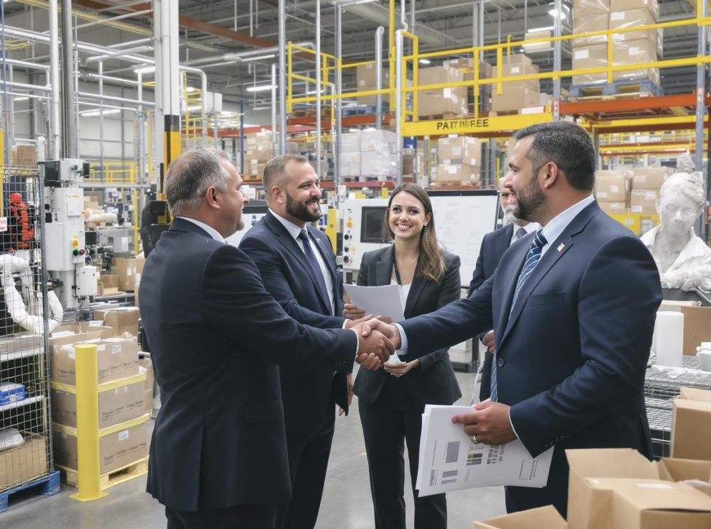 Business professionals evaluating packaging supplier capabilities and quality control systems