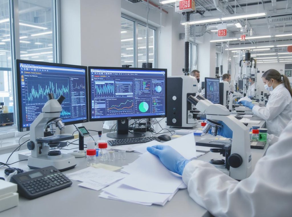 Quality control laboratory testing recycled paper packaging for strength and performance standards