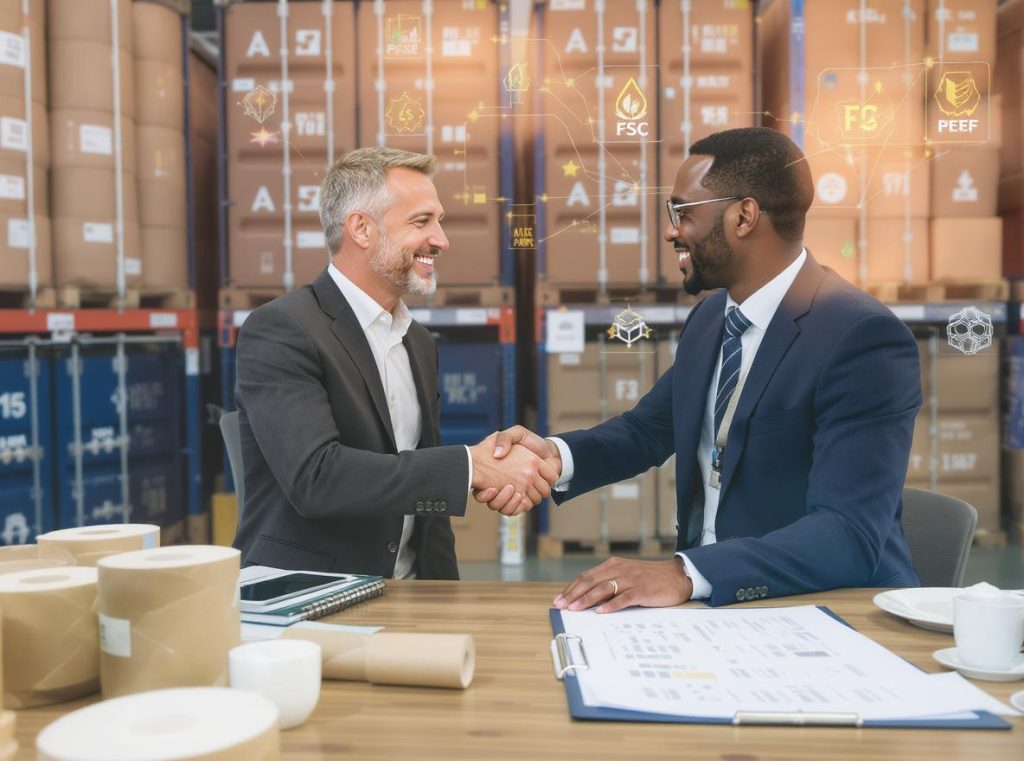 Business professionals evaluating paper void fill suppliers with sustainability certifications