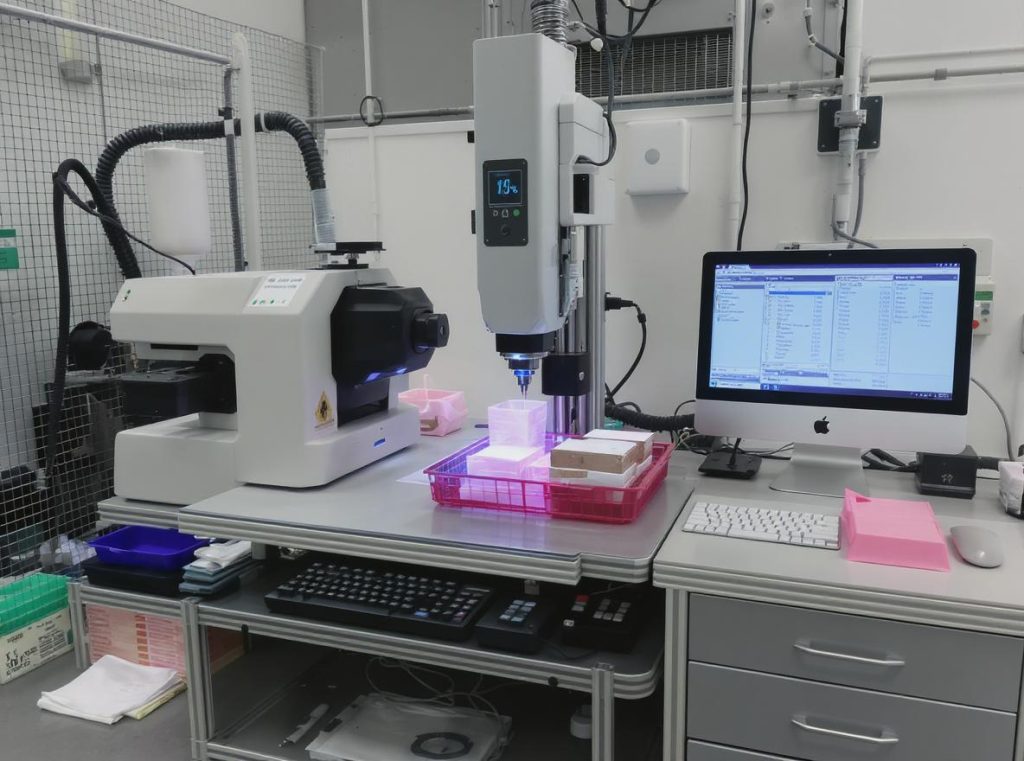 Quality control testing equipment measuring registration accuracy and coating consistency