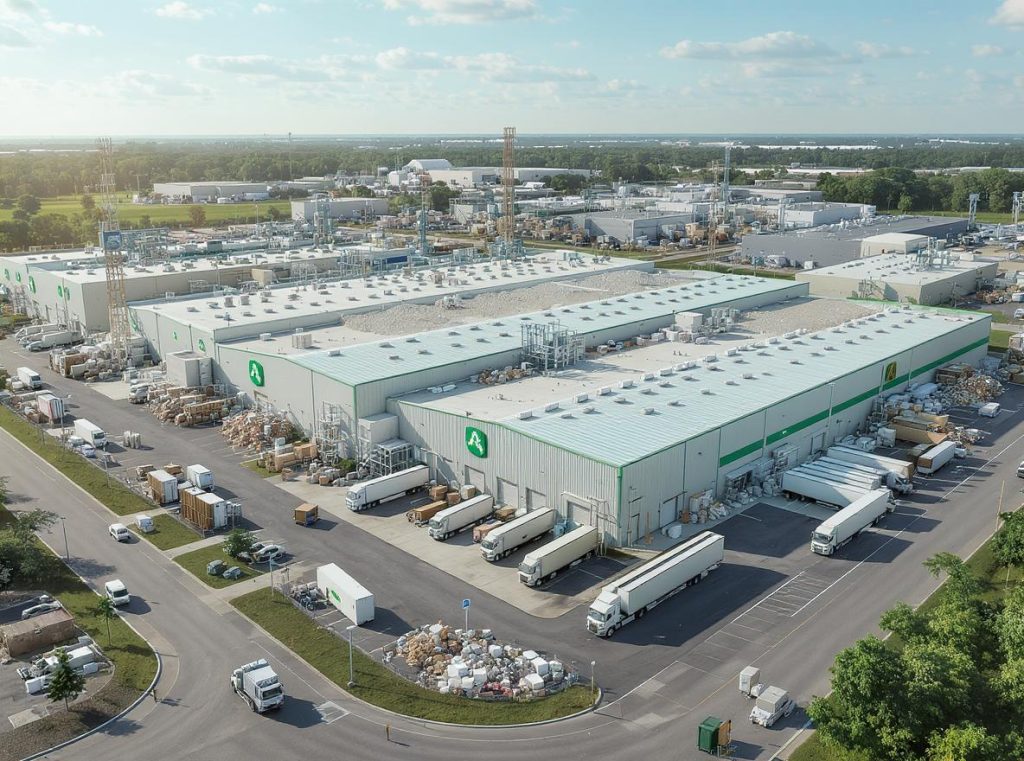 Complete recycled paper packaging manufacturing facility showing entire production process from waste to finished products