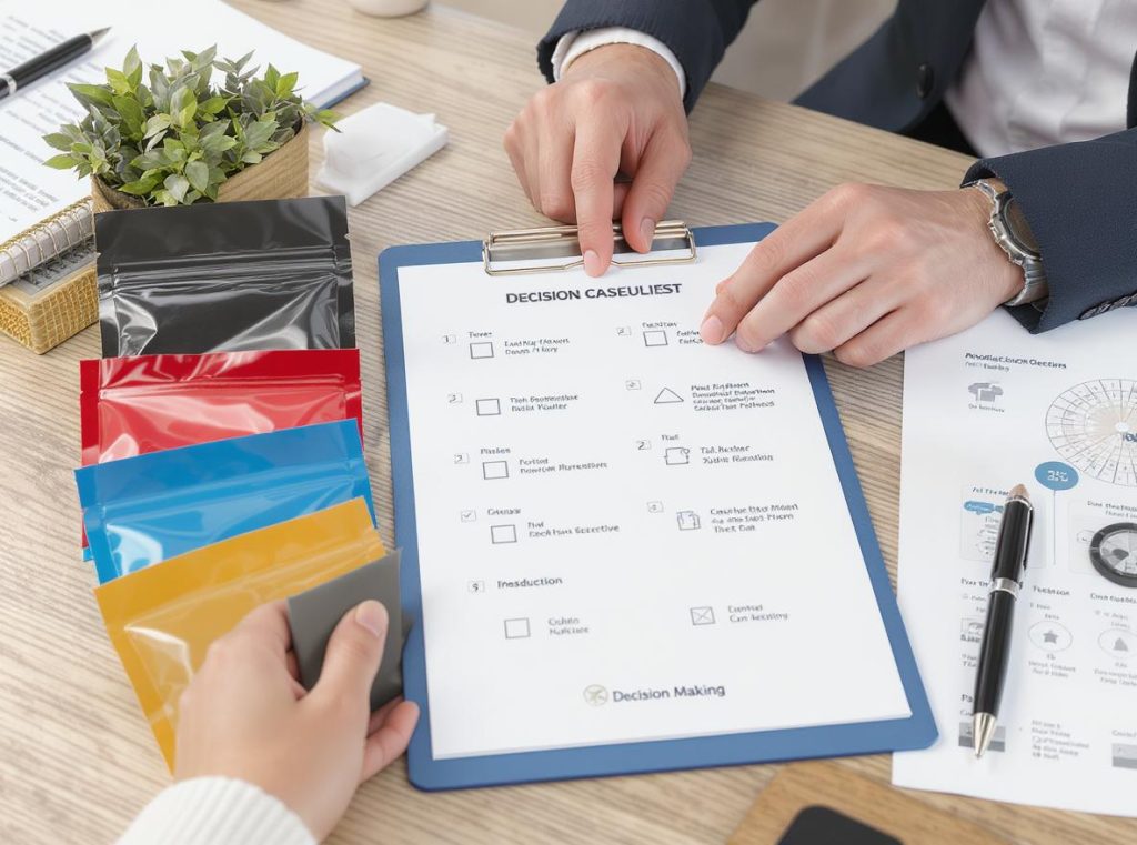 Packaging selection guide showing decision factors for choosing optimal pouch type