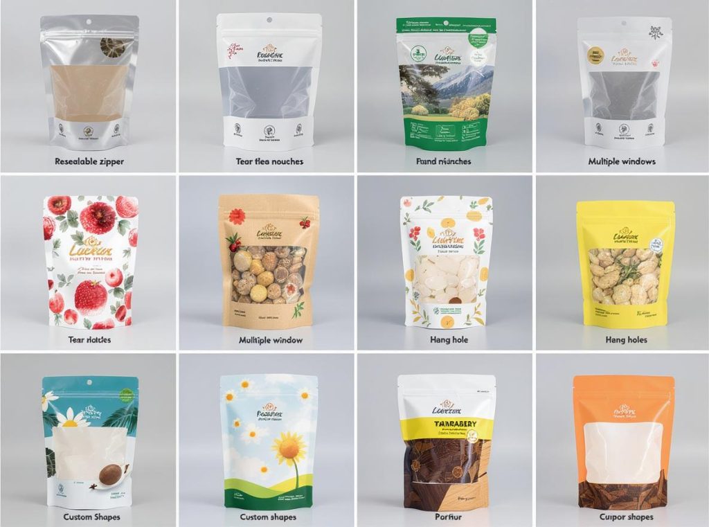 Customization options for windowed stand-up pouches with special features