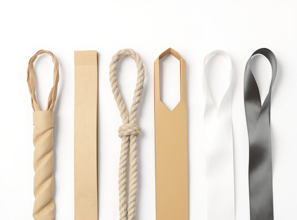 Six different paper shopping bag handle types comparison - twisted, flat, die-cut, rope, cotton, and ribbon handles