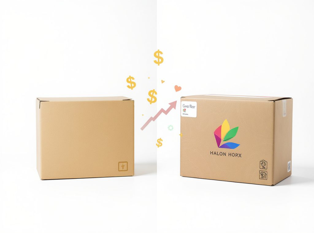 Branded vs unbranded shipping boxes comparison showing plain brown box and custom branded box with cost and benefit icons
