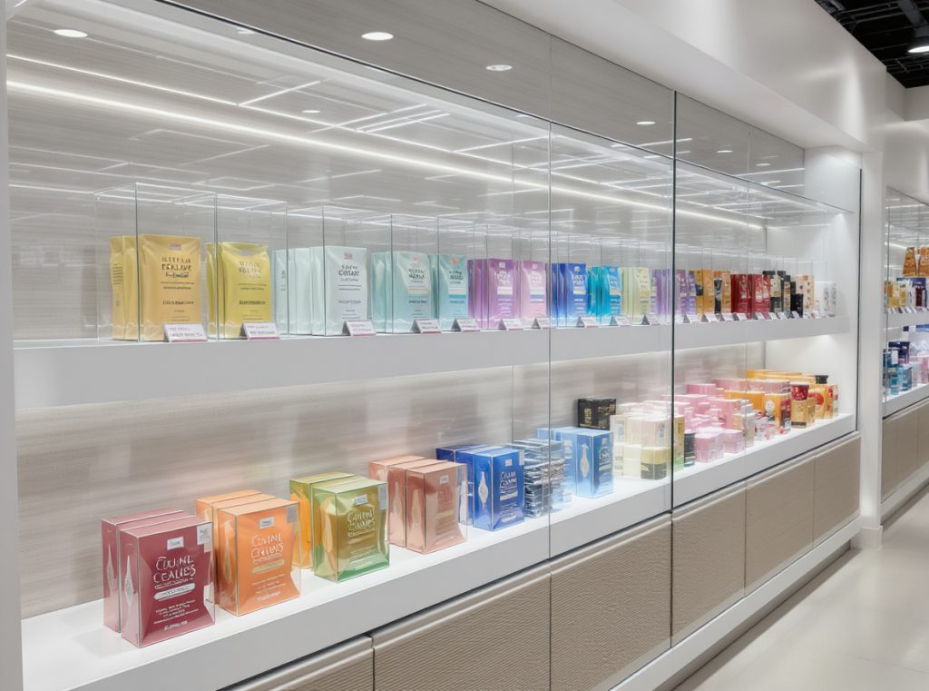 Window boxes for retail products displaying various items with clear transparent windows on store shelves