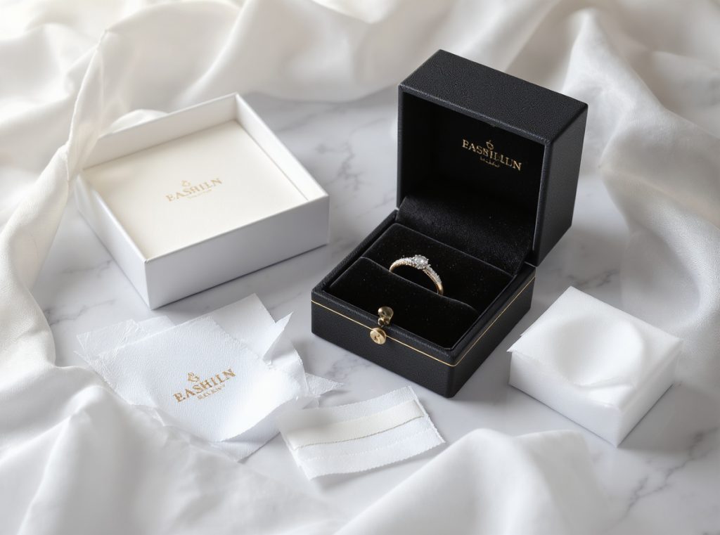 Professional jewelry packaging materials with velvet box, ring, anti-tarnish protection, and cushioning supplies