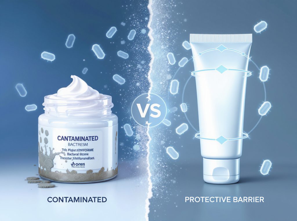 Comparison of contaminated jar packaging versus hygienic sealed tube packaging showing contamination prevention benefits