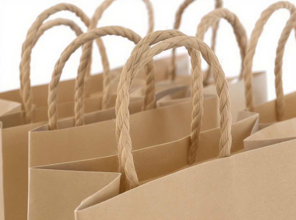 Twisted paper handles on kraft shopping bags showing rope-like texture and durability