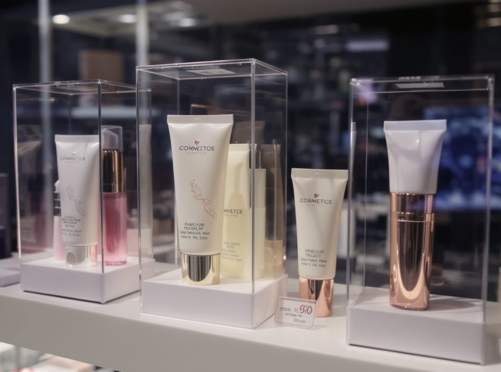 Window packaging boxes showing cosmetic products with enhanced visibility through clear transparent windows